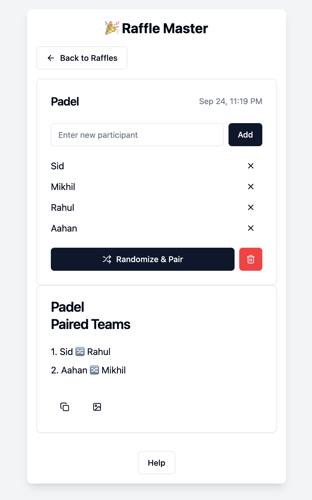 Team Selection Creator results