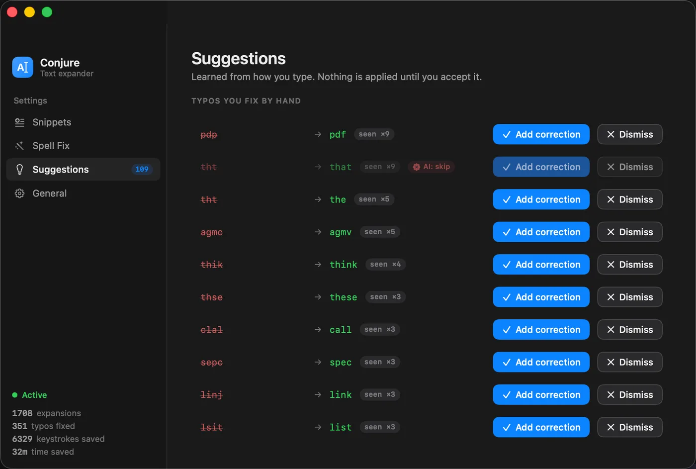 Conjure's Suggestions pane: typos it has watched you fix by hand, each with a seen-count and an Add correction button, above a running total of 1,708 expansions and 32 minutes saved