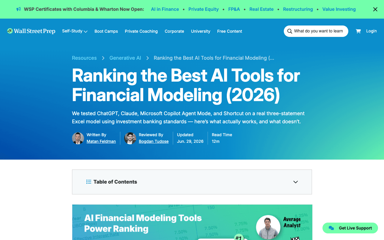 Wall Street Prep — Ranking the best AI tools for financial modeling