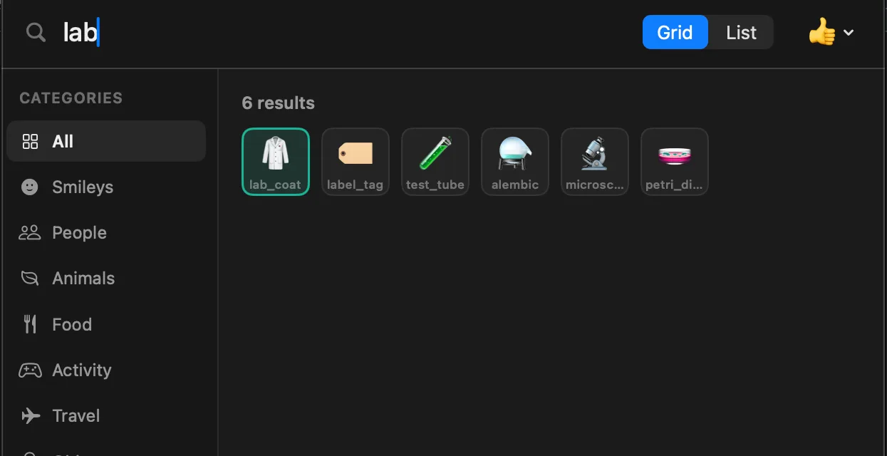 Glyph's inline picker with "lab" typed into the search field, returning six results including lab_coat, test_tube and microscope