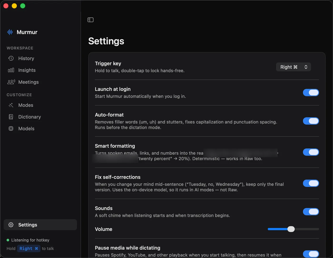 Murmur's settings: Right ⌘ as the trigger key, with auto-format, smart formatting, self-correction repair and media pausing switched on