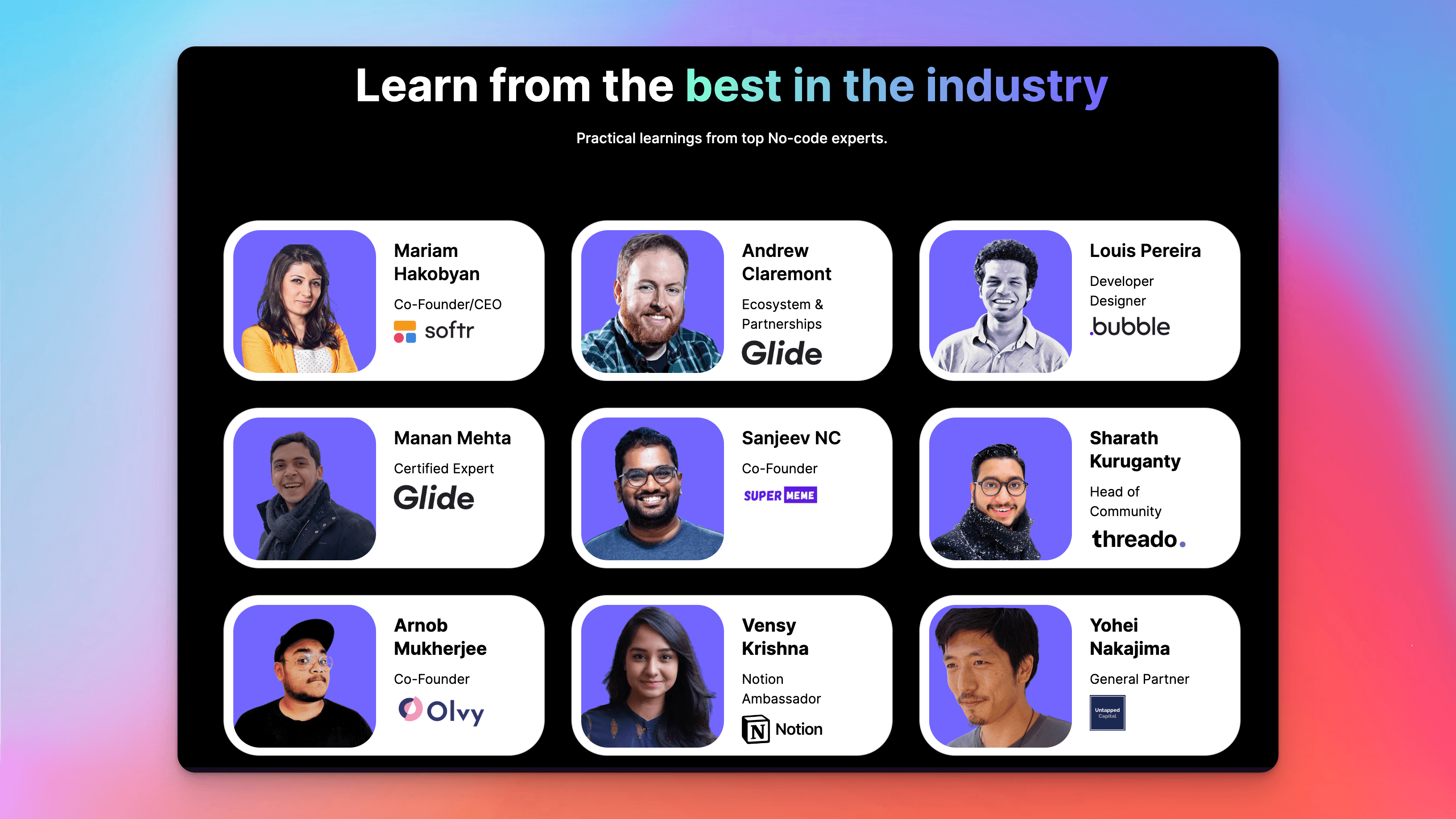 No-Code Cohort speakers and mentors