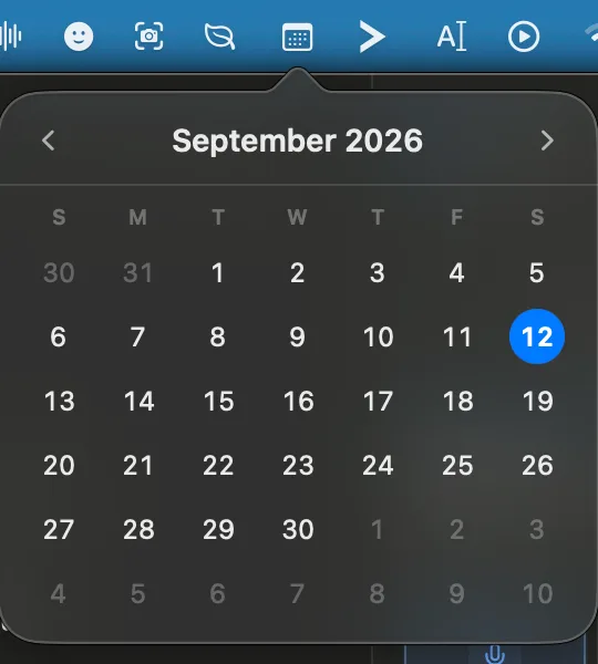 QuickCal's month popover hanging off its menu bar icon, with today's date highlighted