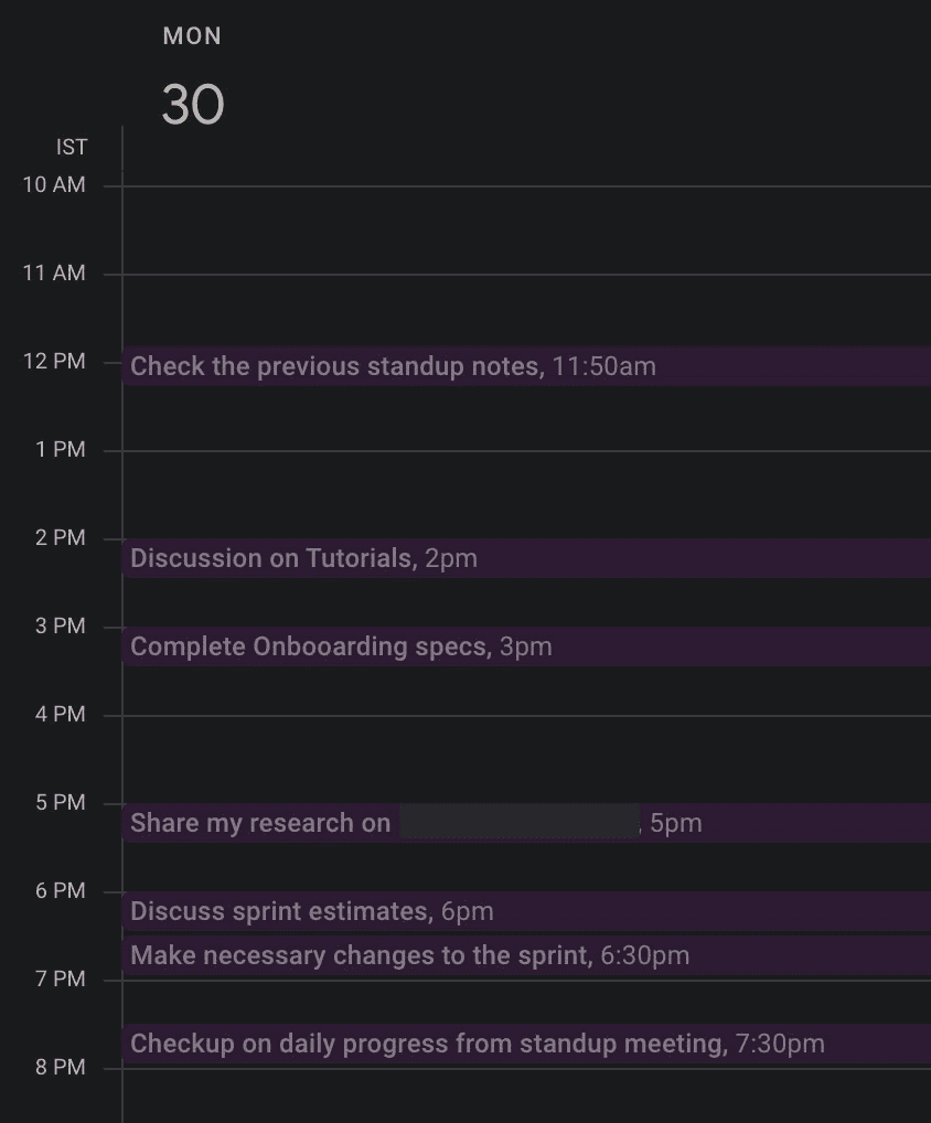 Google Calendar view with timeboxed blocks