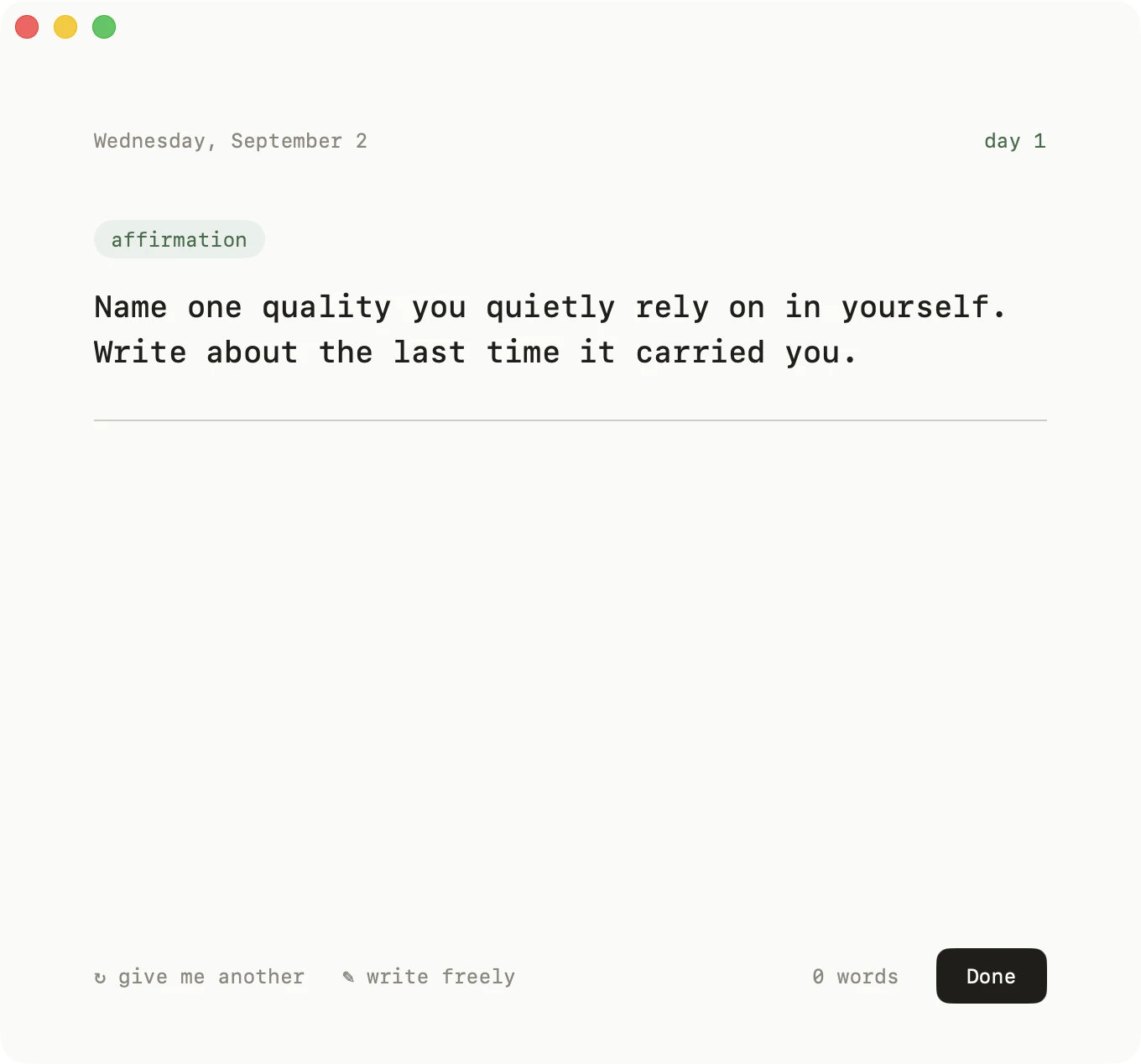 Anew's morning card: the day's prompt, a streak counter, and room to write