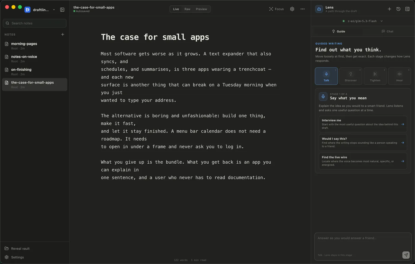 Draftline with a draft open in the editor and the Lens panel on the right, offering to interview the writer rather than rewrite the text