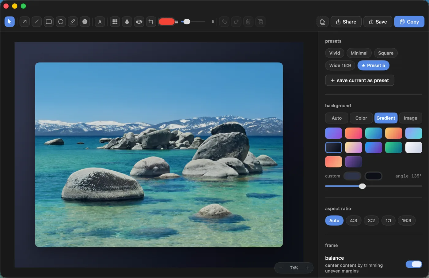 Framed's editor: a capture sitting on a gradient background with padding and rounded corners, the annotation toolbar across the top, and presets, background, aspect ratio and frame controls down the right