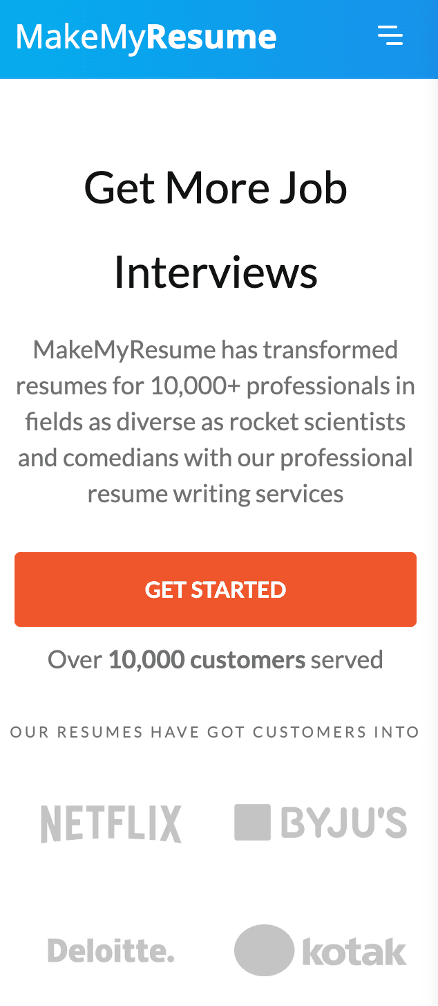 MakeMyResume landing page